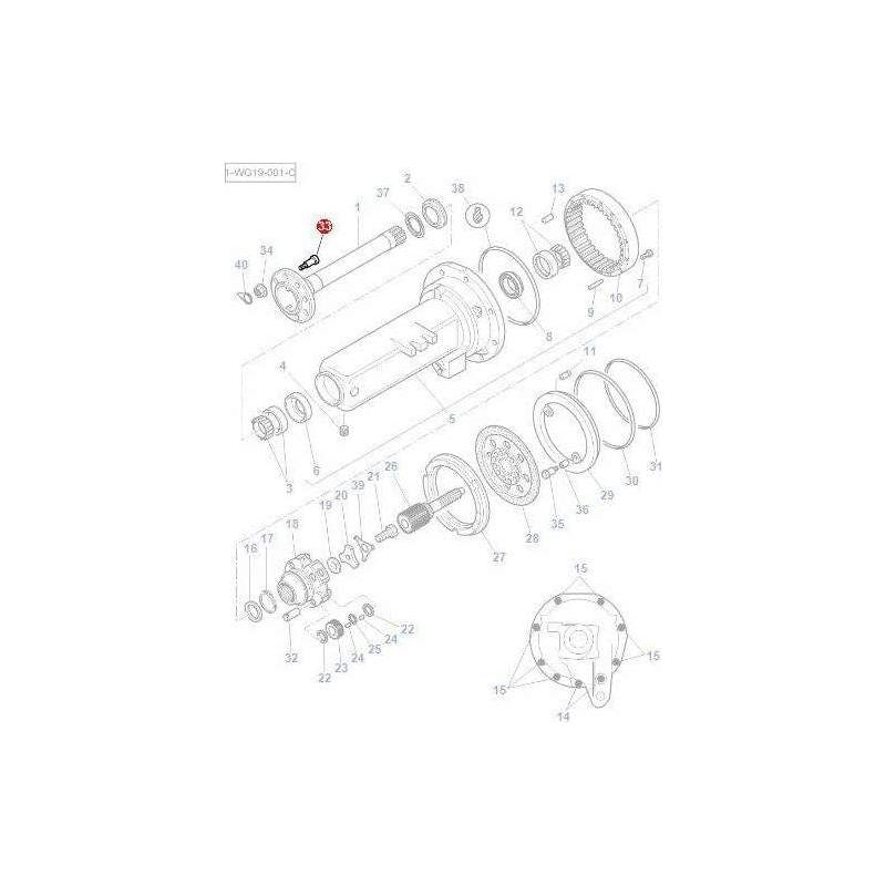 Exploded view diagram of a mechanical assembly for an AGCO Massey Ferguson, featuring numbered parts including the Rear Wheel Stud (part number 4307203M2), gears, shafts, and bearings.