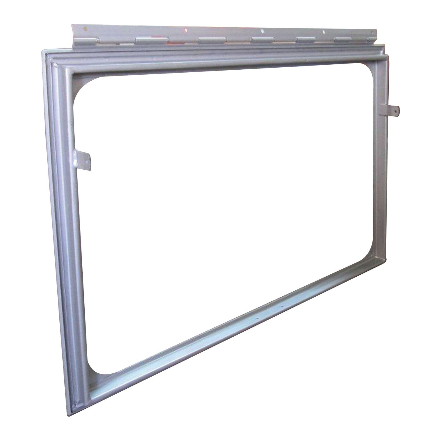 Rear Window Frame | Sparex Part No.S.44007 by Sparex, featuring a metal rectangular shape without glass, viewed from an angle against a white background.