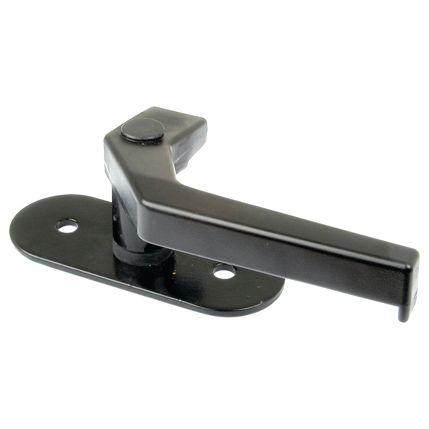 The Rear Window Handle by Sparex (Part No. S.20940), designed from black metal, features a swivel latch handle similar to those in Case IH equipment, and is affixed to an oval base plate with two screw holes.