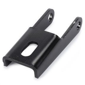 The AGCO Massey Ferguson Rear Window Hinge (3902136M2) features a black metal bracket with a central rectangular opening and two arms, each containing a rounded hole. This part is ideal for Massey Ferguson tractor applications.