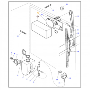 Diagram illustrating the parts and assembly of an internal mechanism of a Massey Ferguson - Rear Wiper Motor - 3597357M92, from AGCO, including screws, a lever, and various components, each labeled with numbers.