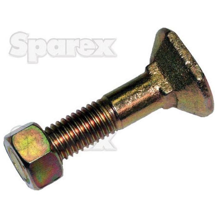 Close-up image of a rectangular head bolt with nut (TRCC) - M12 x 90mm, partially threaded shaft, tensile strength 12.9, against a white background with translucent "Sparex" text.