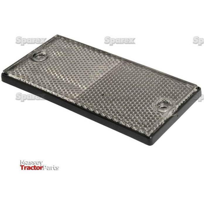 Rectangular plastic lens cover, clear with a textured surface and two screw holes (Hole Ø), measuring 105 x 48 mm, branded as "Sparex" under the product name Rectangular Reflector (Rivet On) | Sparex Part No. S.28210 and labeled "Massey Tractor Parts" in the background.