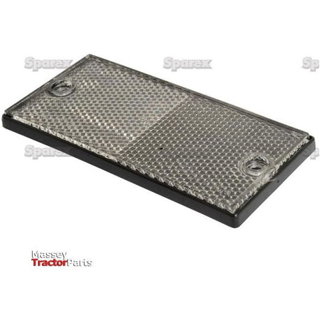 Rectangular plastic lens cover, clear with a textured surface and two screw holes (Hole Ø), measuring 105 x 48 mm, branded as "Sparex" under the product name Rectangular Reflector (Rivet On) | Sparex Part No. S.28210 and labeled "Massey Tractor Parts" in the background.