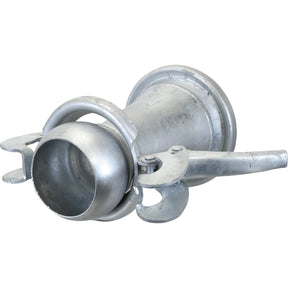 A galvanised metal pipe fitting, the Sparex Reducer Female/Male - 6 to 4'' (159-108mm) (S.59451), features a latch mechanism, circular openings at each end, and a Bauer fitting for secure connections.