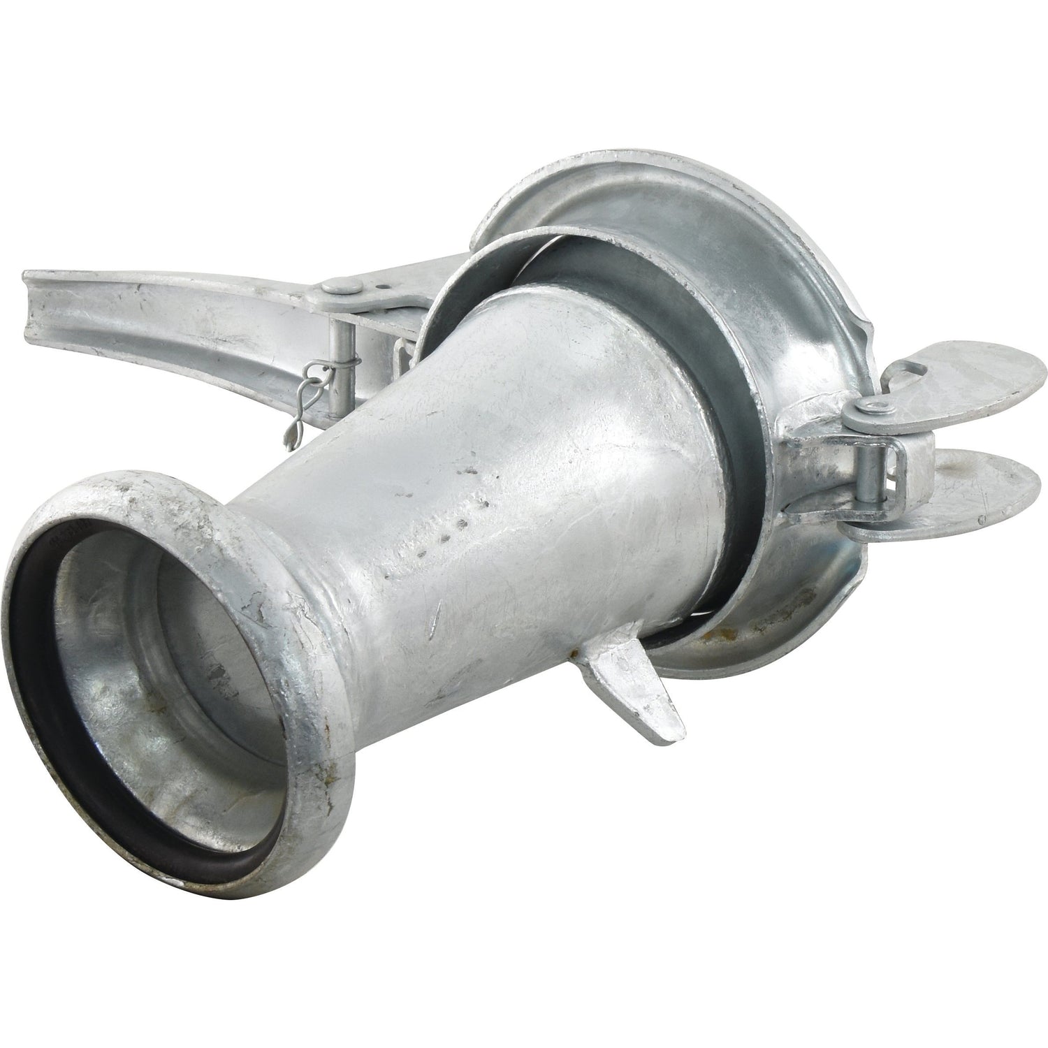 Galvanized Sparex Reducer Male/Female S.59454 camlock hose fitting with a lever lock mechanism, flanged end, and optional gasket ring, compatible with 4 to 6 inch (108-159mm) hoses.