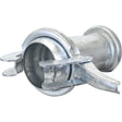 A close-up of a Sparex S.59455 galvanised Reducer Male/Female coupling component with a cylindrical shape and two locking arms, featuring the robust design typical of a Bauer fitting.