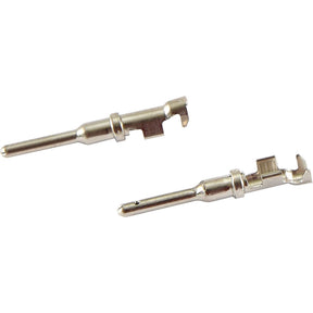 Two small metal connectors from the Sparex Refill Kit - Deutsch Connector Pins & Sockets, Size Range 20-16 (0.5mm² - 1.5mm²), one positioned upward and the other downward, on a white background.