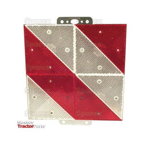 The Sparex Reflector Panel (RH), Part No. S.35803, is a square red and silver reflective tractor part with a textured surface, segmented into four triangles and three rectangular sections, measuring 285mm x 285mm. The text "Massey Tractor Parts" is at the bottom of this panel.