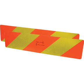 Two rectangular Reflector Panels (Part No. S.18048) from Sparex, measuring 565mm x 140mm, feature diagonal yellow stripes on an orange background.