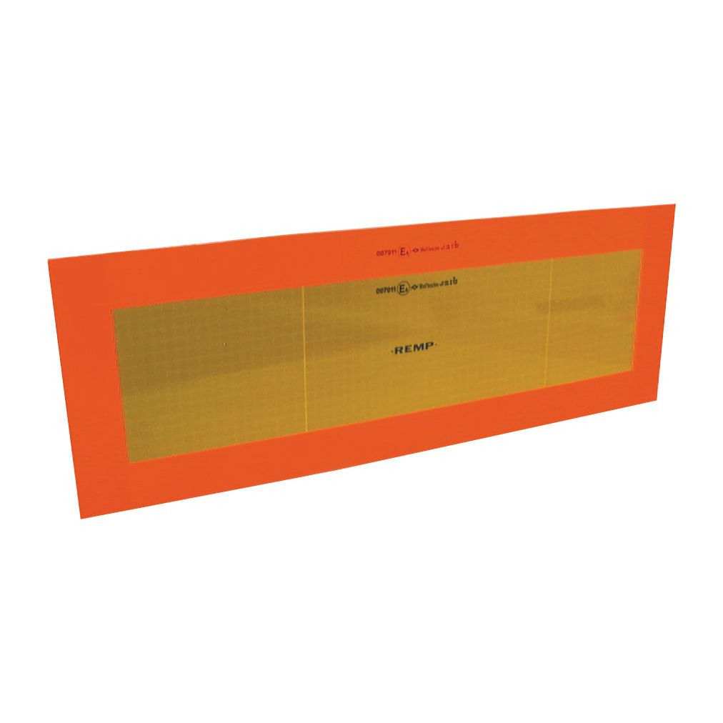 Image of a rectangular orange Reflector Panel, 565mm x 200mm by Sparex (Part No.S.18049), featuring a gold center panel with the word "REMP" printed on it. This product by Sparex serves as an effective reflector panel.