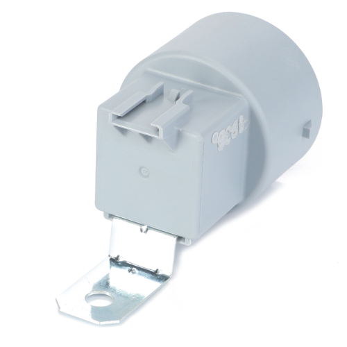 A gray electrical component with a metal mounting bracket and two connector terminals, commonly found in Massey Ferguson tractor parts is the "AGCO Massey Ferguson - Relay 12v - 50amp - 3779879M1.