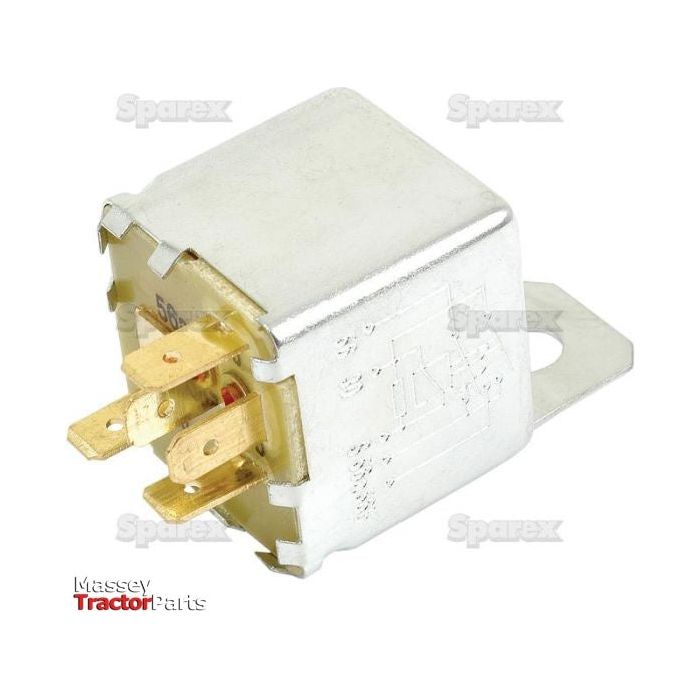 A silver rectangular relay switch with multiple gold-colored prongs, labeled "58," and a small bracket for mounting. Text overlays include "Sparex" and "Massey Tractor Parts." Suitable for 12V systems, it's also compatible with Case IH machinery. Product Name: Relay | Sparex Part No. S.22729, distributed by the brand Sparex