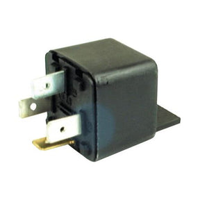 The Mini Relay 12V, 30A (Sparex Part No. S.2573) from Sparex is a black electrical relay featuring four metal terminals, designed to handle 30 Amps and suitable for a 12V system.