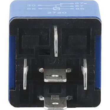 Close-up view of a blue 12V 40 Amps automotive relay with metal prongs and an electrical diagram on top. Sparex Relay | Sparex Part No.S.58853 – John Deere compatible.