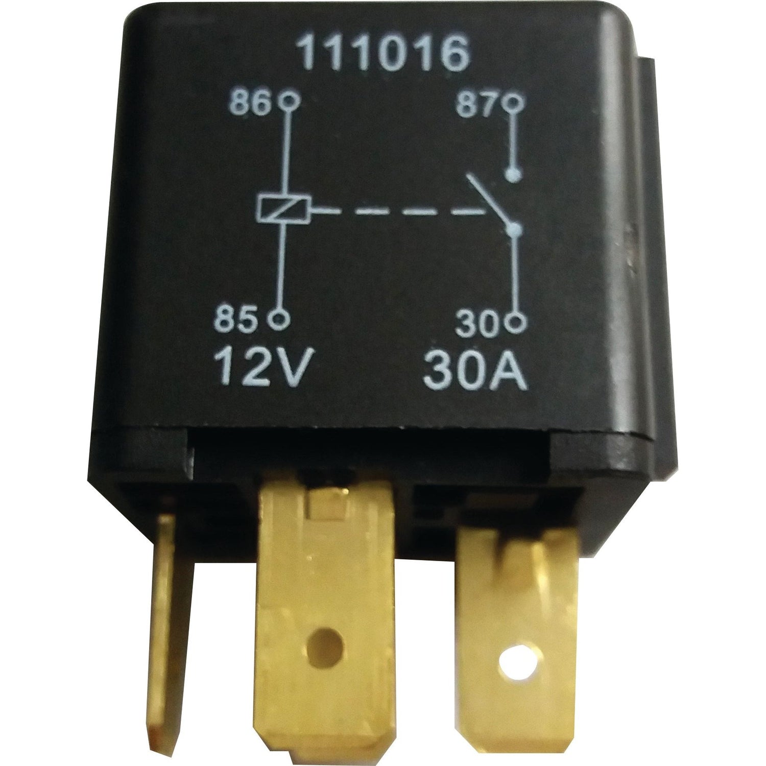 The Sparex Relay - S.65444 is a black 12V automotive relay featuring four gold terminals labeled 85, 86, 87, and 30. It has "111016" printed on the top along with a simplified circuit diagram. This relay is ideal for handling up to 40 Amp loads in various vehicle applications.