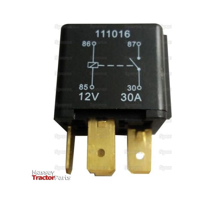 Close-up of a Relay - S.65444, a 12V 30A automotive relay by Sparex, featuring four connector pins labeled terminals 85, 86, 87, and 30. The schematic diagram is printed on one side.