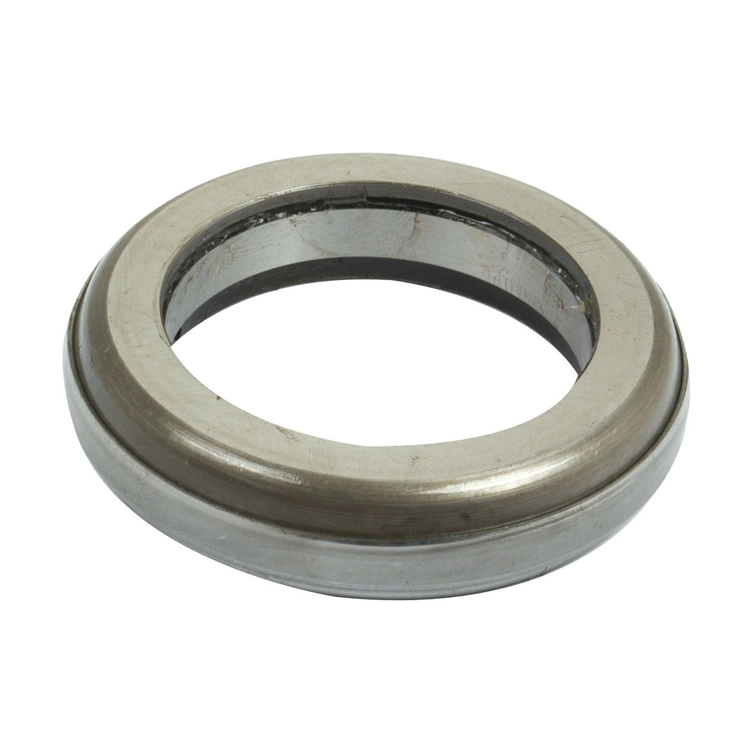 A metallic, circular mechanical component designed with a tapered inner edge, viewed from a slightly elevated angle, this Sparex Clutch Release Bearing (S.72784) ensures smooth operation and durability.