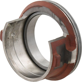 A close-up view of a Sparex industrial mechanical part with a circular design, featuring both smooth and ridged surfaces, and an inner groove. This intricate piece, known as the Sparex Clutch Release Bearing - S.64573 and often cataloged under Tariff Code 8482200000, is essential for various machinery applications.