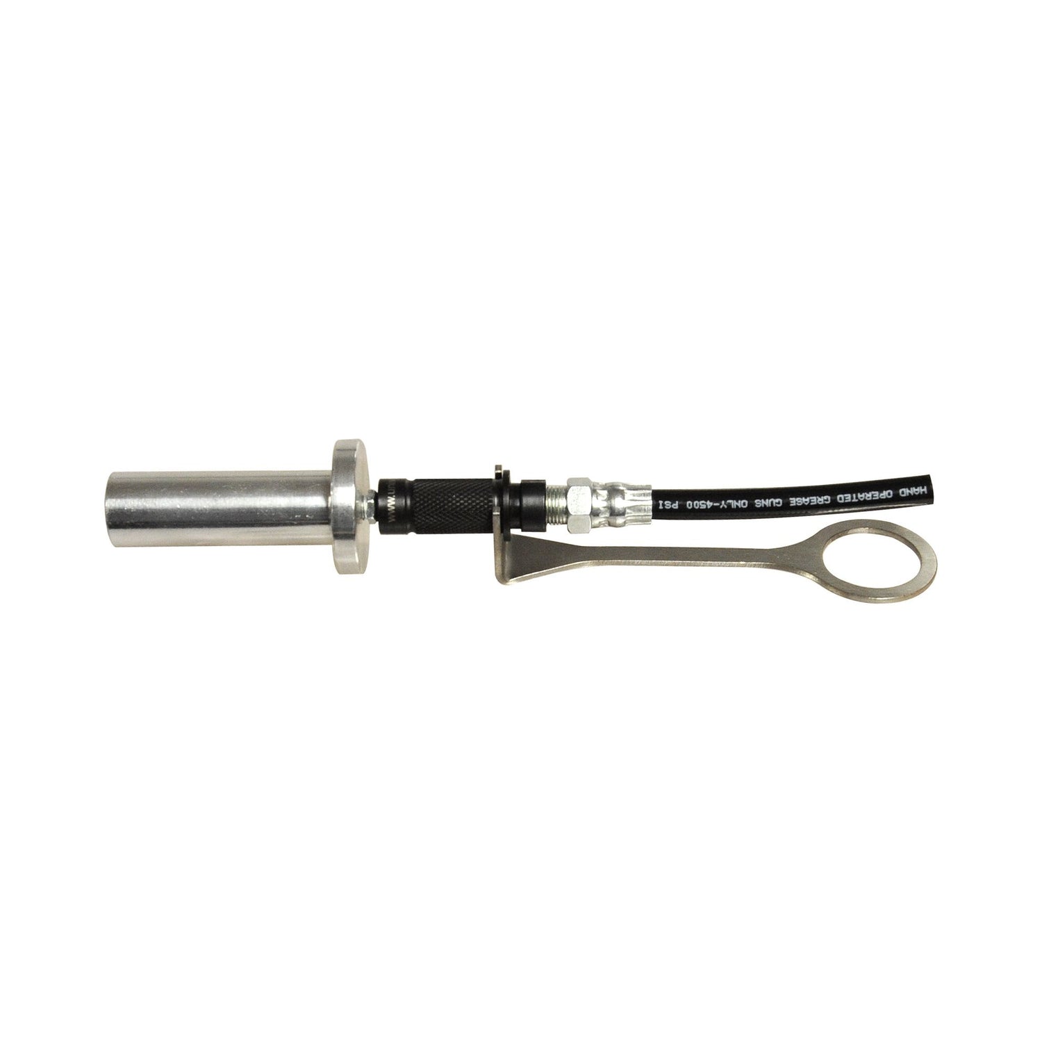 A Sparex Release Hook for Quick Release Grease Coupler (Part No. S.118408), featuring a metal cylindrical device with an attached black cable and a circular metal loop at one end, likely designed for industrial or mechanical purposes.
