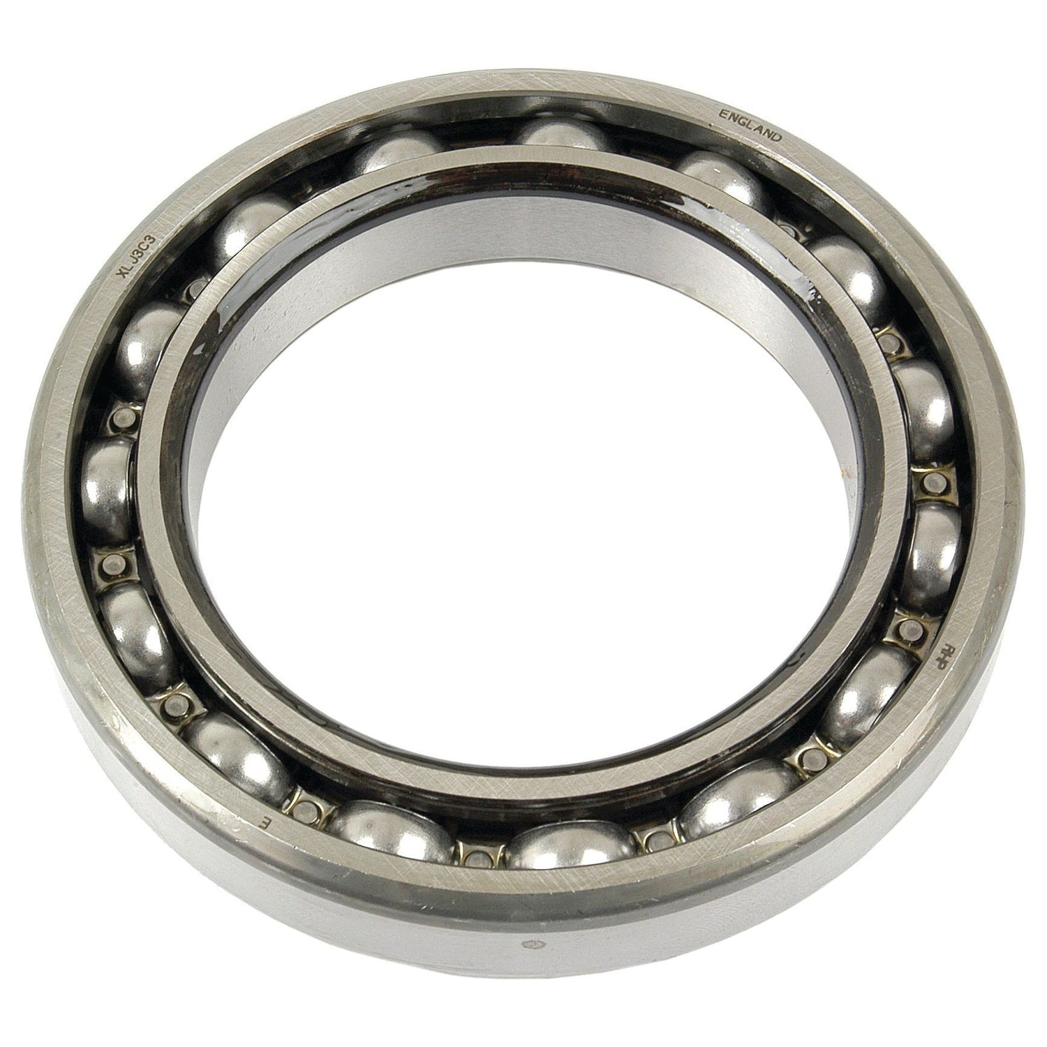 A close-up image of a metal ball bearing, similar to the Release P.T.O Bearing Replacement for David Brown - S.19642 by Sparex, featuring an outer ring, an inner ring, and multiple steel balls in between.
