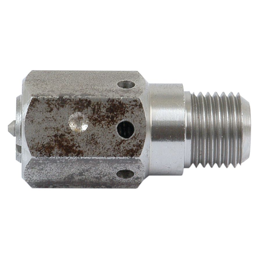 A close-up of the Sparex Hydraulic Relief Valve (Sparex Part No. S.17268), commonly used in Massey Ferguson machinery, reveals a hexagonal body with multiple holes and threaded on one end. The surface shows signs of rust and wear, indicative of its use in high-pressure environments up to 2550 psi.