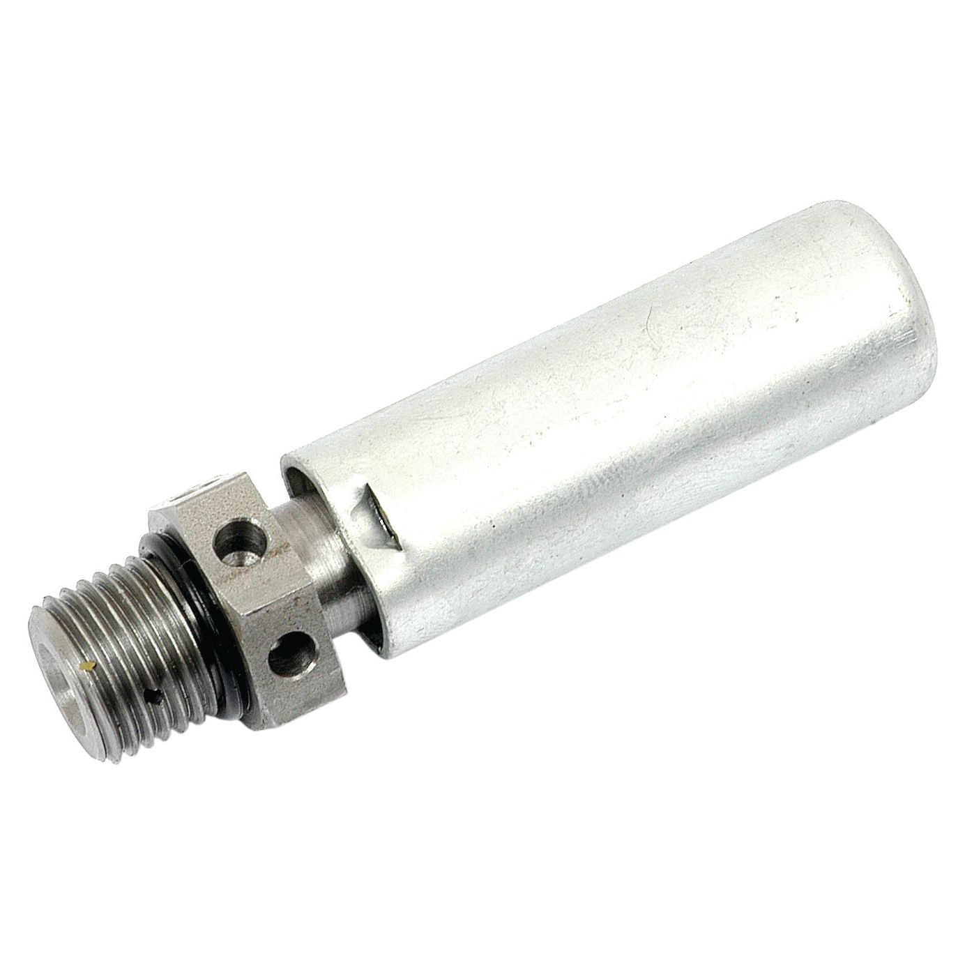 Close-up of the Sparex Hydraulic Relief Valve (Part No. S.3358), a metal cylindrical component featuring a threaded end and a square notched segment near the base, designed to handle pressures up to 2700/3200 psi. Suitable for use in Massey Ferguson machinery.