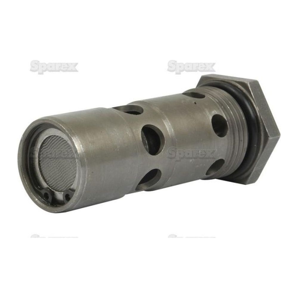 A Relief Valve, specifically the Sparex Relief Valve | Sparex Part No.S.57319, features a metallic cylindrical design with multiple round holes and an attached hexagonal nut, commonly utilized in machinery or engineering applications, much like those produced by Case IH.