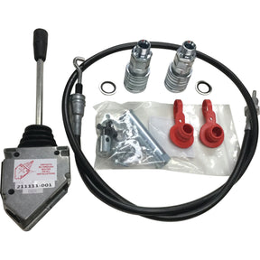 The Sparex Remote Control Assembly with a 1.5M cable (Sparex Part No.S.118386) features a hydraulic push-pull lever, two couplers, red caps, and O-rings, and is displayed on a white background.