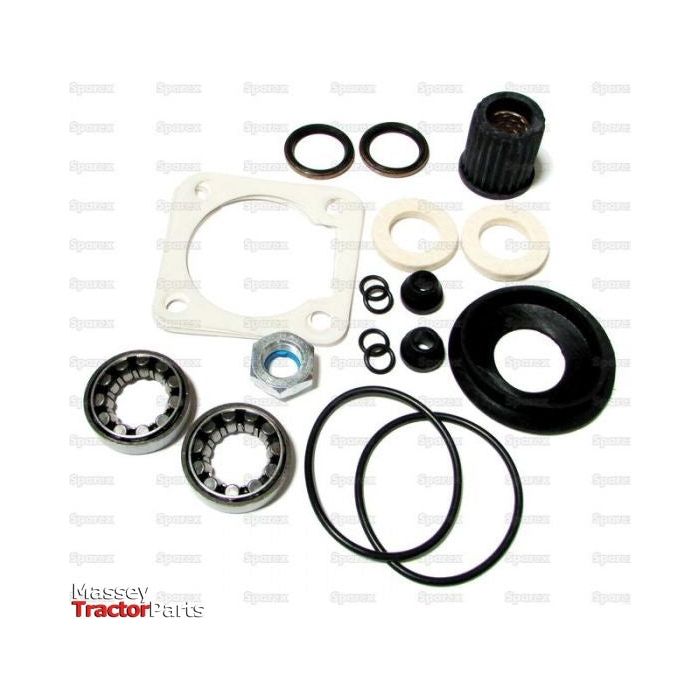A collection of tractor parts and seals from Massey Tractor Parts, featuring bearings, gaskets, O-rings, and bolts arranged on a white background. Also included is the Sparex Repair Kit | Sparex Part No.S.67149, perfect for your Ford / New Holland 2000 needs.