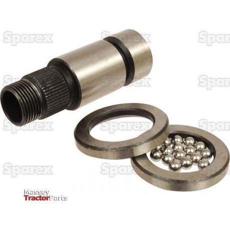Introducing the Repair Kit | Sparex Part No. S.67786: A mechanical bearing kit including a threaded cylindrical component, two flat rings, and multiple small metal balls. Perfect for repairing the steering shaft of Massey Ferguson TEF20 and Ford / New Holland DEXTA models. The image features watermarks with the text "Sparex.