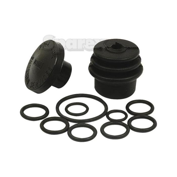 A Selector Valve Repair Kit (Sparex Part No.S.67492) from Sparex, including a set of black rubber Boot Knob O Rings and two end caps, displayed on a plain white background.