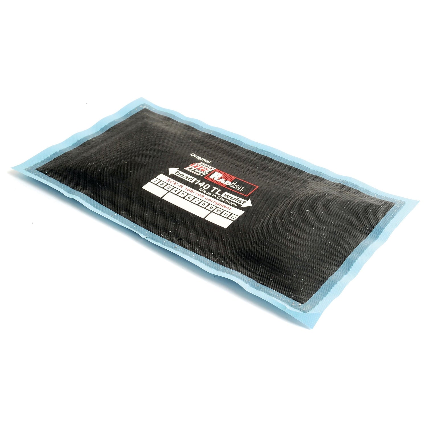 The Repair Patch - Radial (140TL) 100 x 195mm by Sparex, also known as Sparex Part No.S.152724, features a light blue border and black center with product details on the surface, designed for durable repairs on radial tyres.