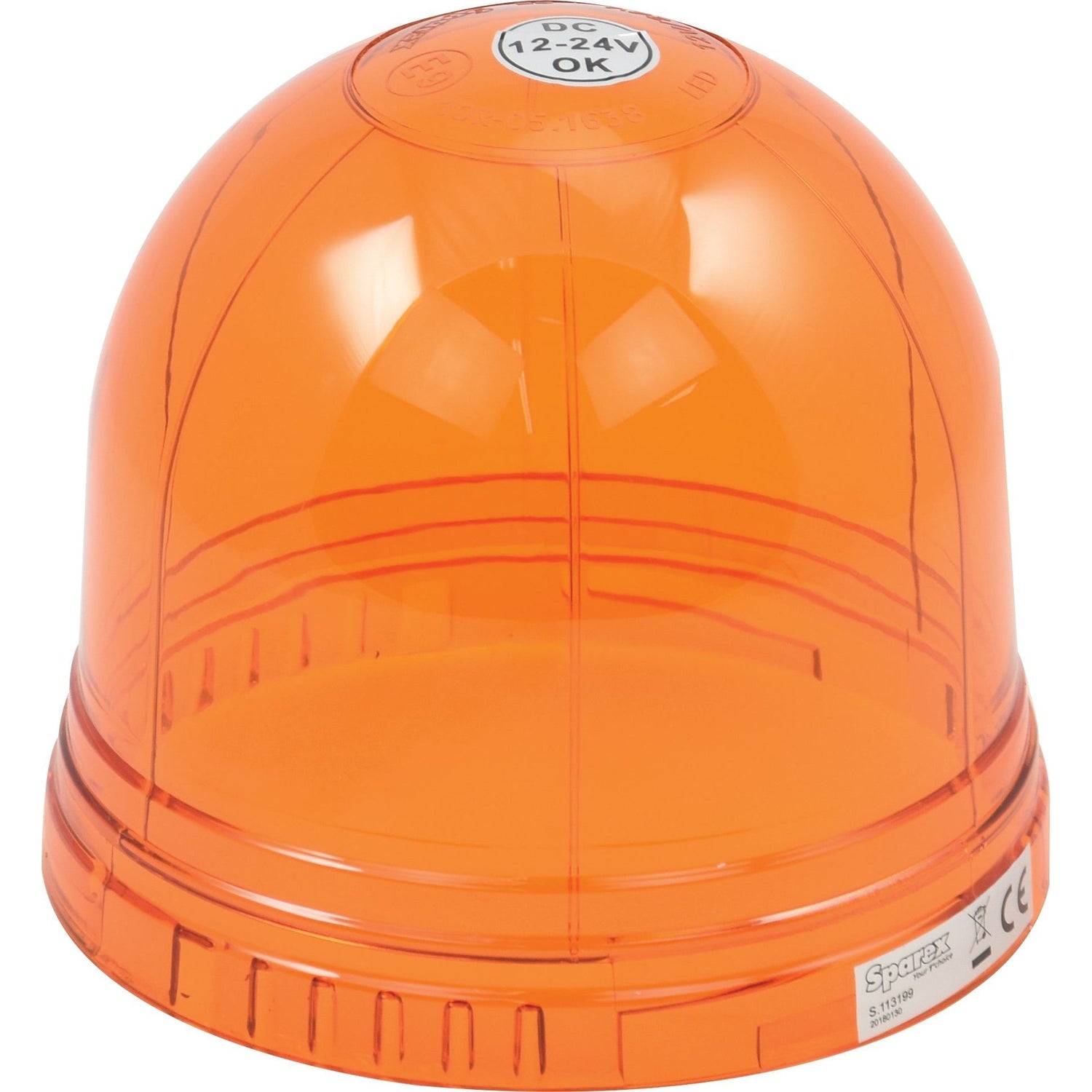 A Sparex Replacement Lens, designed to fit models S.113199 and S.150447, is an orange plastic dome-shaped cover with labeling indicating 12-24V DC usage, featuring a standard profile and beacon function.
