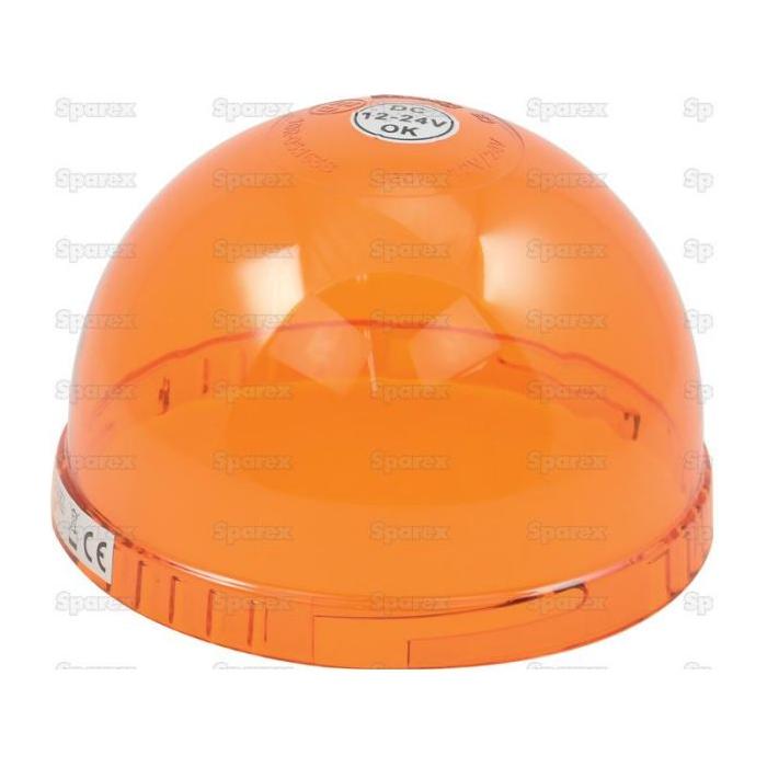 An orange, low-profile, dome-shaped beacon light with a transparent cover and a label showing 12-24V and CE certification for reliable function, featuring the Replacement Lens by Sparex, compatible with S.113200 and S.113214 - S.150446 models.