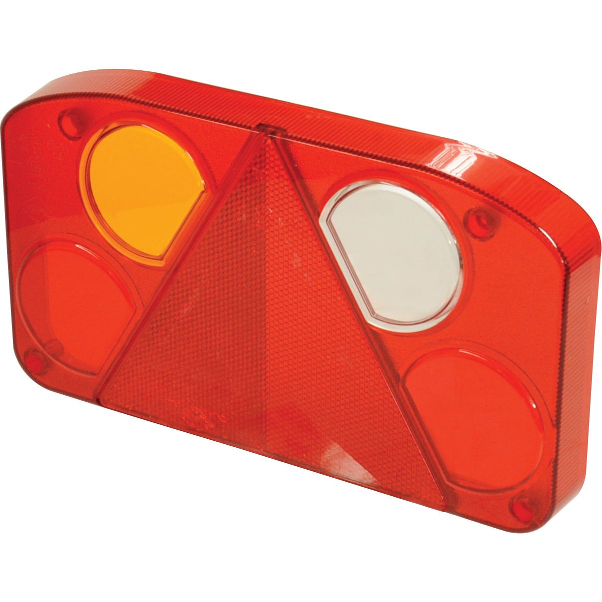 The Sparex Replacement Lens, designed for S.113378 and S.113380 (Sparex Part No. S.118877), is a red plastic vehicle light assembly featuring a reflective triangular element in the center, with two circular amber sections on the left and two circular white sections on the right, making it ideal for your rear left light needs.
