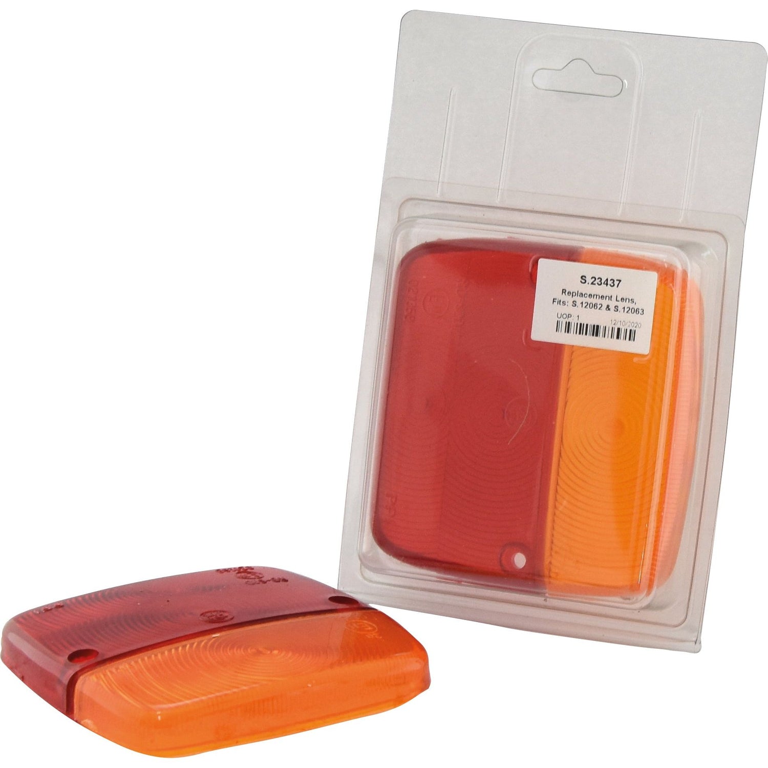 Two rectangular polycarbonate replacement lenses from Sparex, in orange and red shades; one lens is packaged in a plastic cover while the other is positioned in front of the packaging. These are Replacement Lenses, Part No. S.23437, compatible with models S.12062 & S.12063.