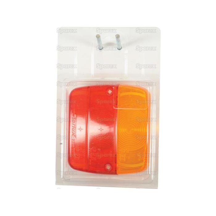 Introducing the Sparex Replacement Lens (Part No. S.23437), tailored for models S.12062 and S.12063. This polycarbonate vehicle tail light lens, featuring red and amber coloring for optimal visibility and safety, comes encased in a clear plastic housing with two mounting screws conveniently located at the top.
