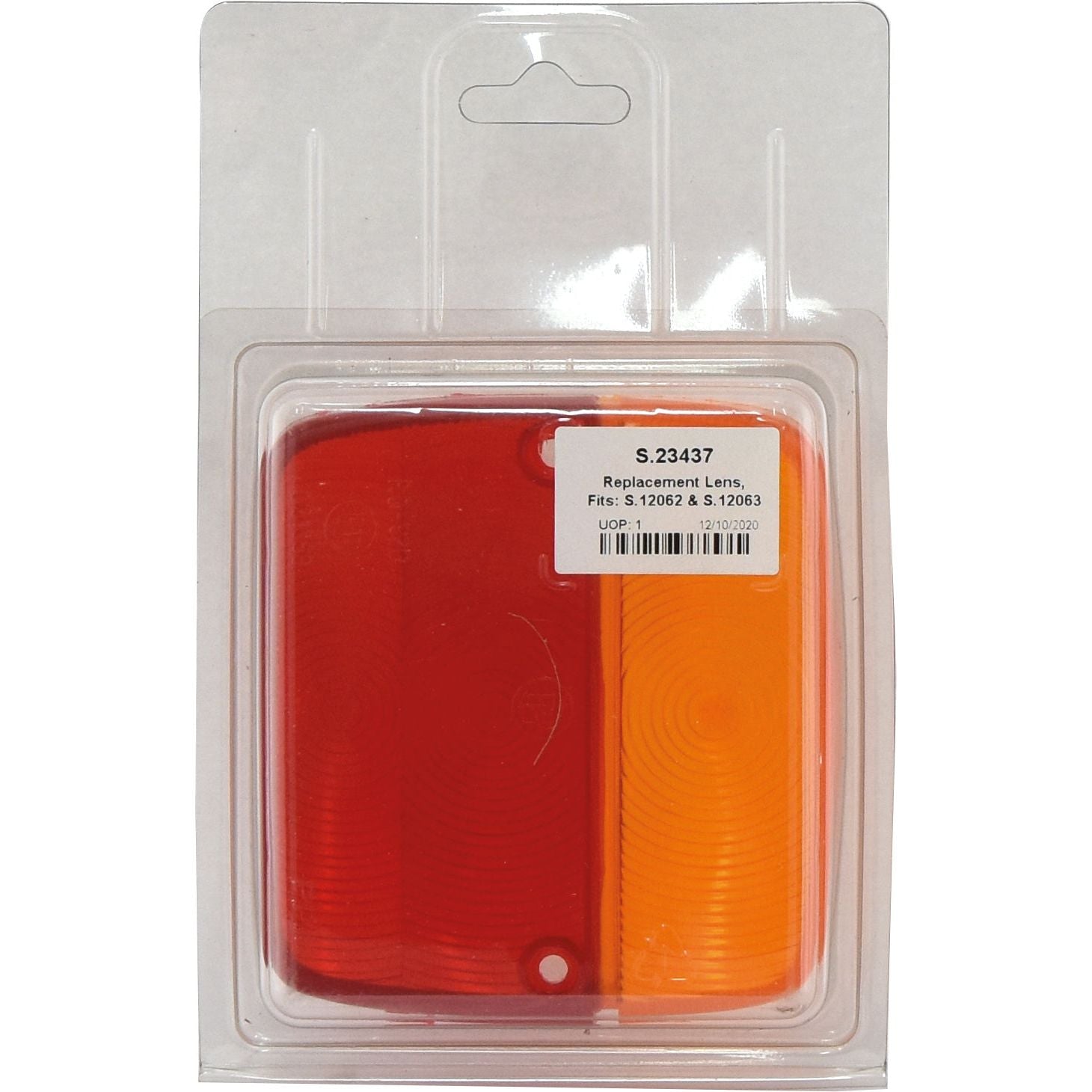 A package containing a Sparex polycarbonate replacement lens with red and amber segments, labeled with part number S.23437 and compatibility for rear lights fitting models S.12062 and S.12063.