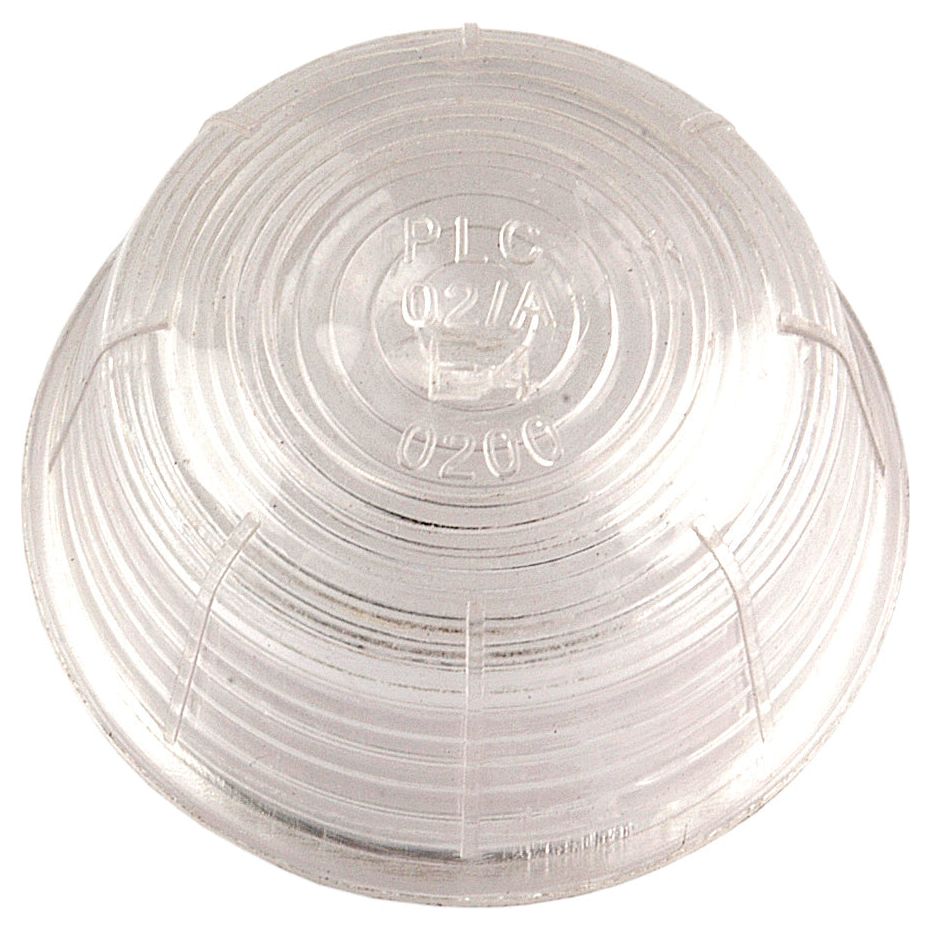 Close-up of a transparent, round polycarbonate Replacement Lens by Sparex with ridges, and the markings "P1C 021/A" and "0200" engraved on its surface. This lens fits models S.12808 - S.71024.