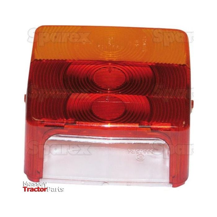 A tractor tail light with a red and amber lens, featuring a clear bottom section. The background shows faint text with the brand "Sparex" and "Massey Tractor Parts." This rear light, also known as Replacement Lens S.26050 (Sparex Part No.S.26051), ensures visibility and safety for your tractor.