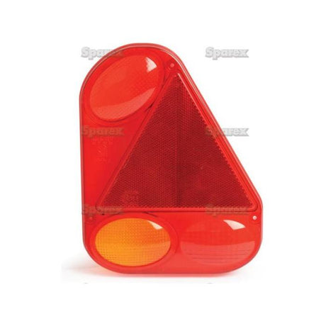The Sparex Replacement Lens (Part No. S.26641) features a polycarbonate red triangular reflector light with two circular sections at the bottom—one amber and one red—set against a white background, making it an ideal replacement lens for your rear right light.