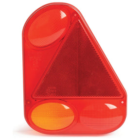 The Sparex Replacement Lens, Fits: S.26639 (Sparex Part No. S.26641), is a red and amber polycarbonate triangular reflector light with rounded corners and three circular reflectors, perfect for replacing the rear right light lens on your vehicle to enhance visibility and safety.
