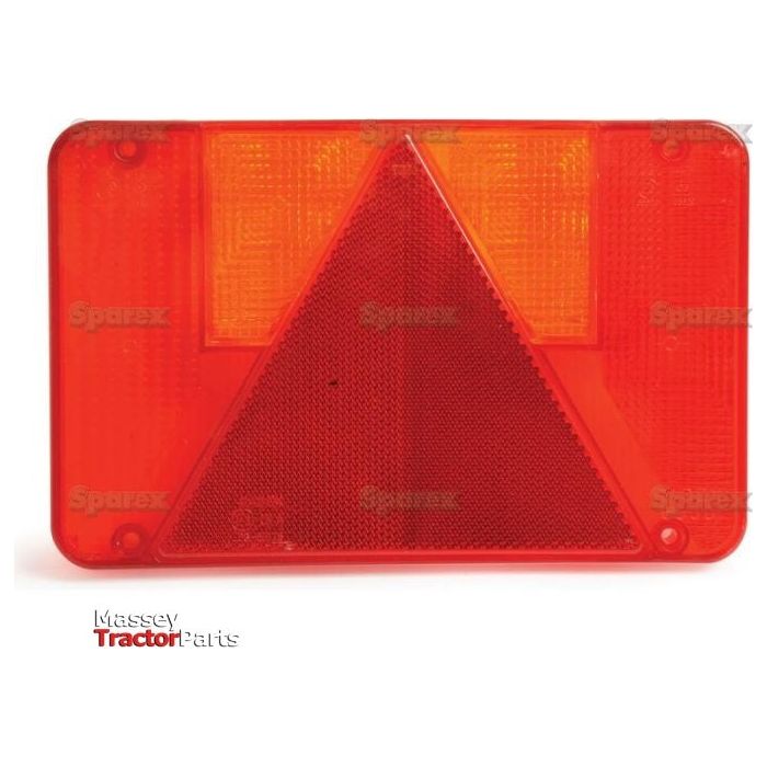 A replacement lens, marked "Sparex" and designed to fit models S.26643, S.26647, and S.26657, featuring a red triangular reflector with orange corner lights and a rear left light—ideal as a part for Massey Tractor Parts.