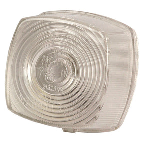 A transparent, square-shaped plastic lens cover featuring circular patterns and embossed text, designed to be a replacement lens for Hella front lights in automotive lighting. This product is the Sparex Replacement Lens, fitting models S.56024 and S.56258 (Sparex Part No. S.56166).