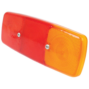 Close-up of a rectangular rear light with red and amber sections, secured by two visible screws. The Sparex Replacement Lens (Part No. S.56142) for models S.56058, S.56059, S.56067, and S.56068 ensures durability and clarity with its polycarbonate construction.