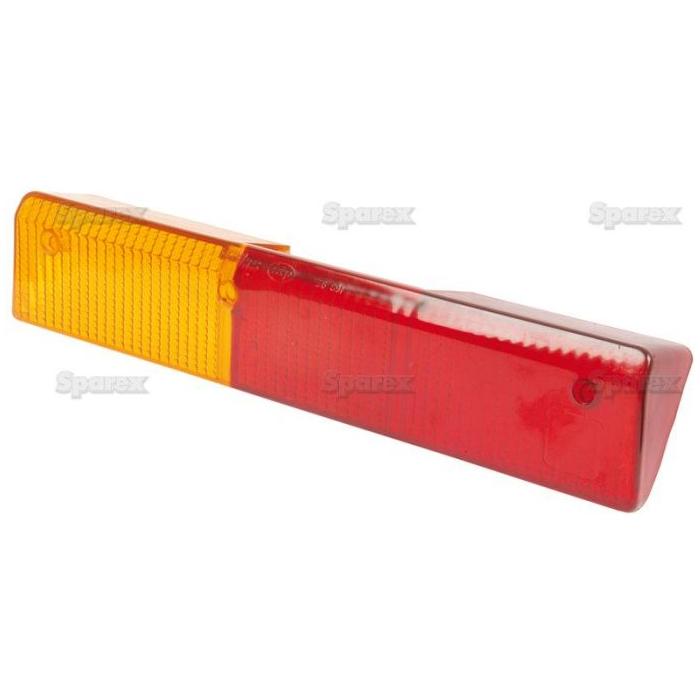 A rectangular rear left light with a yellow lens on one side and a red lens on the other, crafted from durable polycarbonate, identified as the Sparex Replacement Lens for S.56274 (Sparex Part No. S.56275), set against a white background.