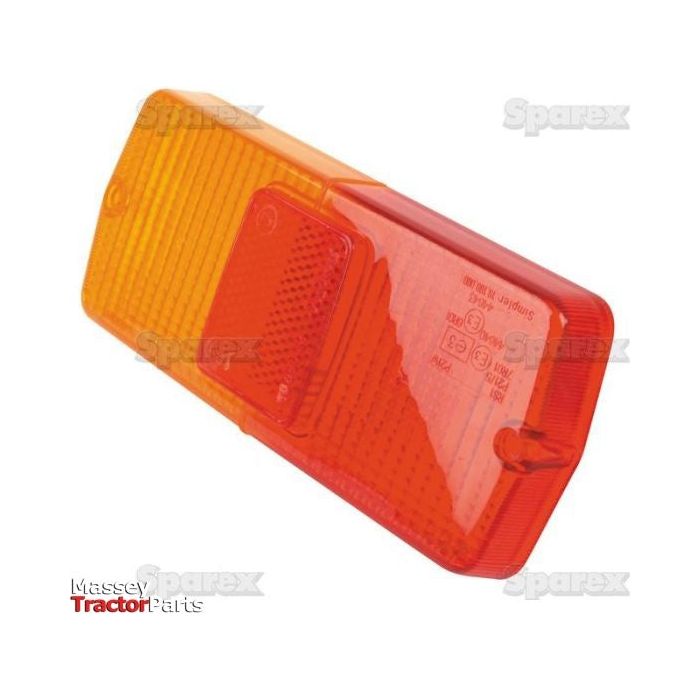 Image of an orange and red replacement lens for tractor signal lights, with "Massey Tractor Parts" and "Sparex" labels visible on the polycarbonate surface. The product fits S.56285, S.56286, and S.71036 models (Sparex Part No.S.56279).