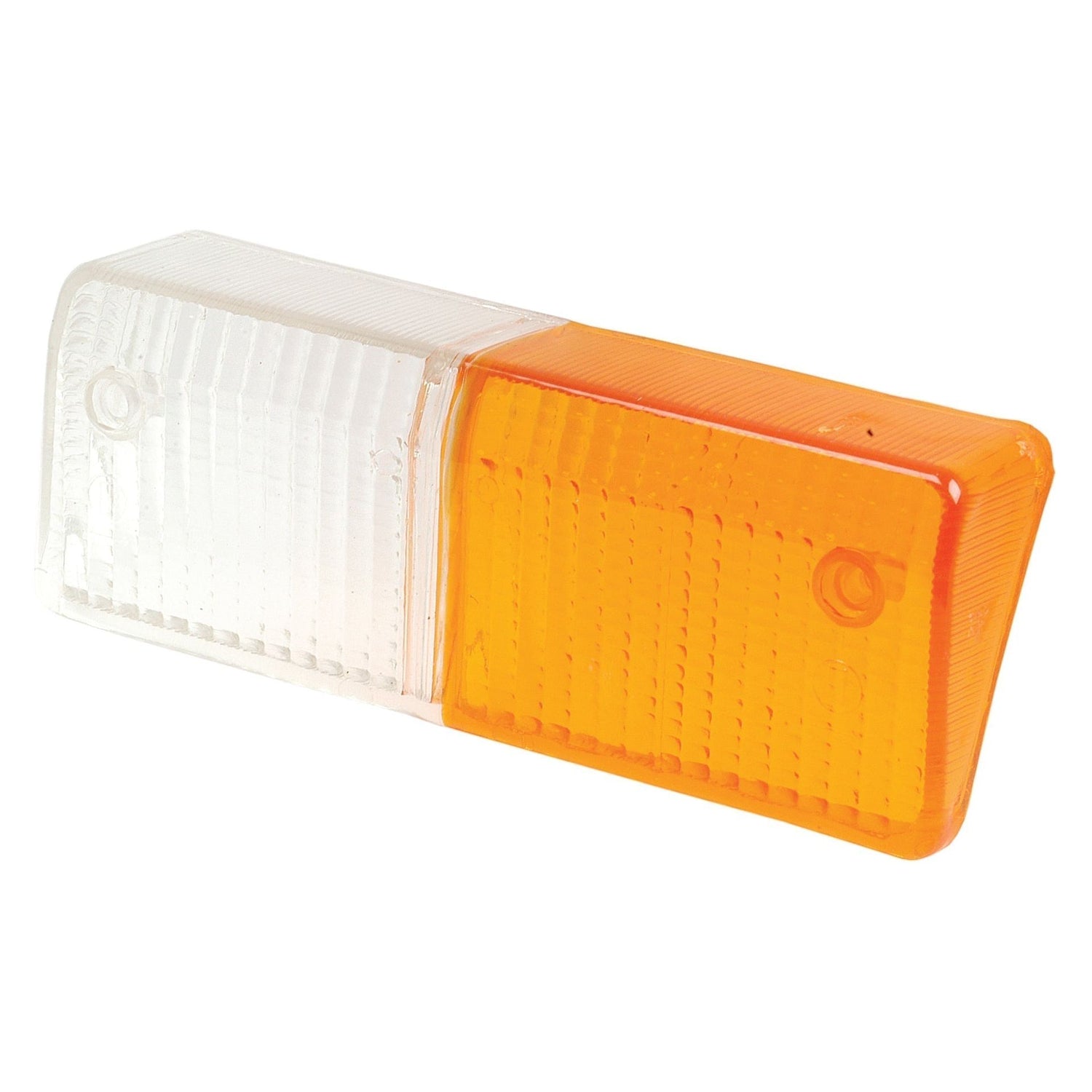 Close-up of a rectangle-shaped vehicle turn signal light with one half white and the other half orange, featuring a Replacement Lens, Fits: S.56289 by Sparex.