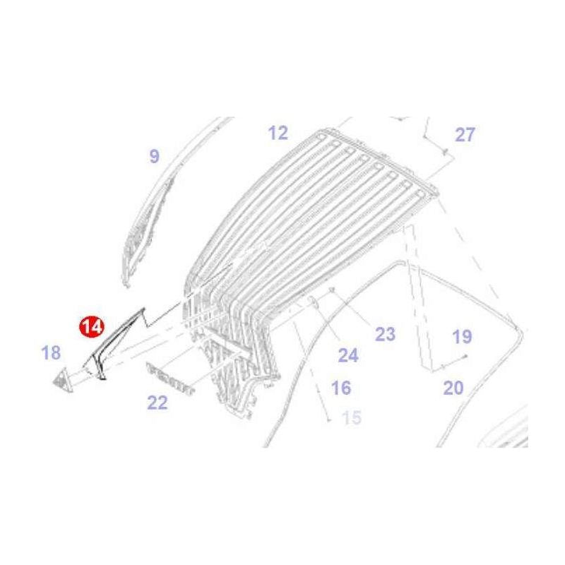Diagram depicting the roof rack assembly of a vehicle, with several parts labeled by numbers. In the illustration for Fendt Vario Models 512-724, Part 14 (Fendt - Retainer - 737500021450 by AGCO) is highlighted in red.